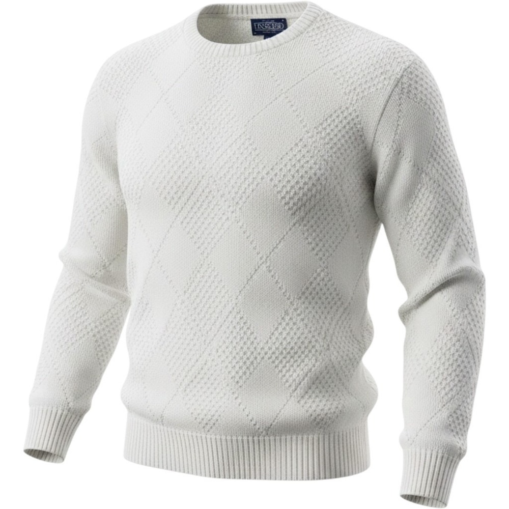 Vintage Lands End Mens White Diamond Textured Cotton Knit Sweater Made in USA L